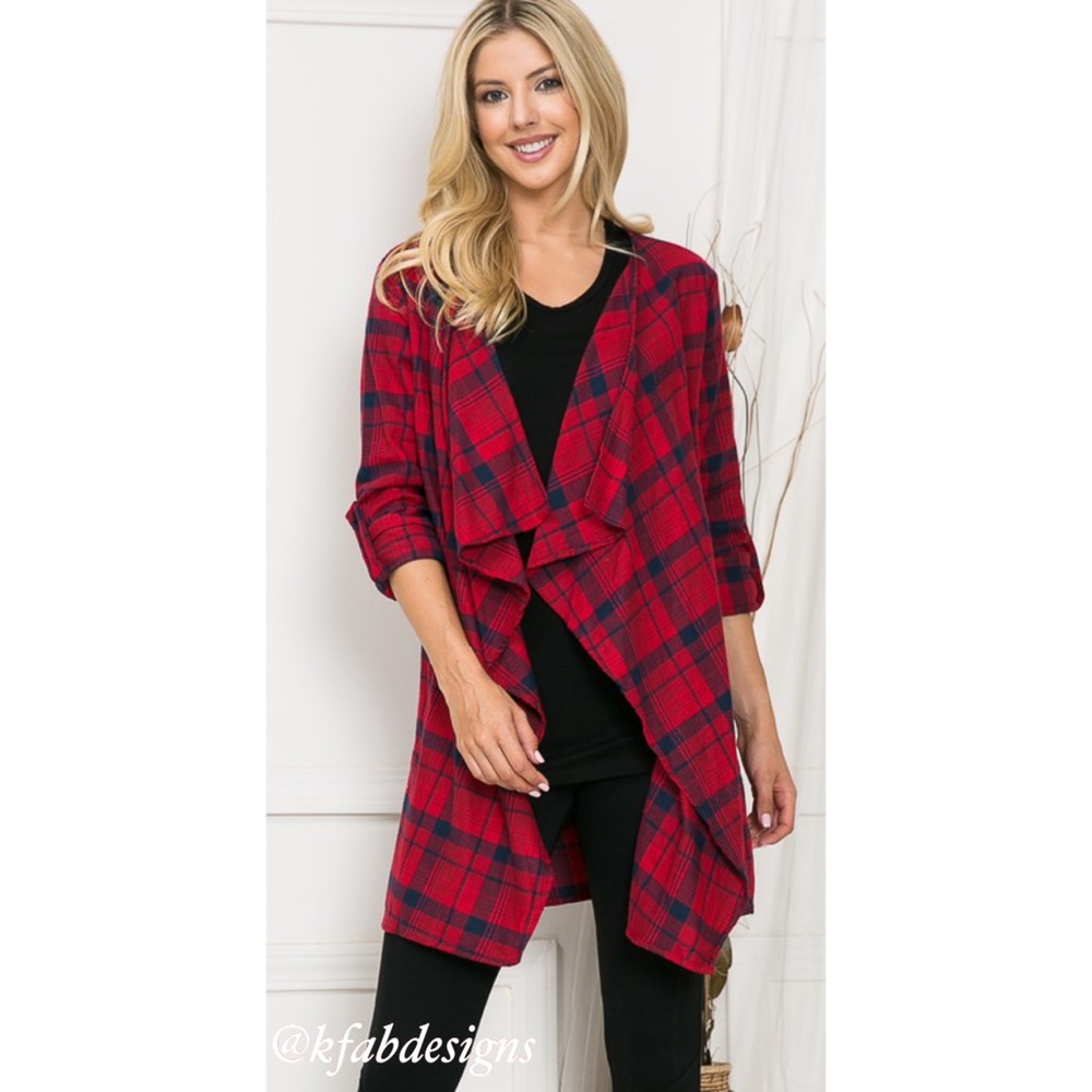 LAST! Soft Plaid Red Open Cardigan with Roll Up Sleeves! - Picture 5 of 8